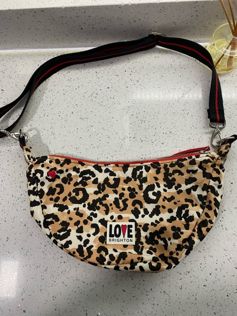 Brighton Leopard Print Crossbody Bag with Red Accents